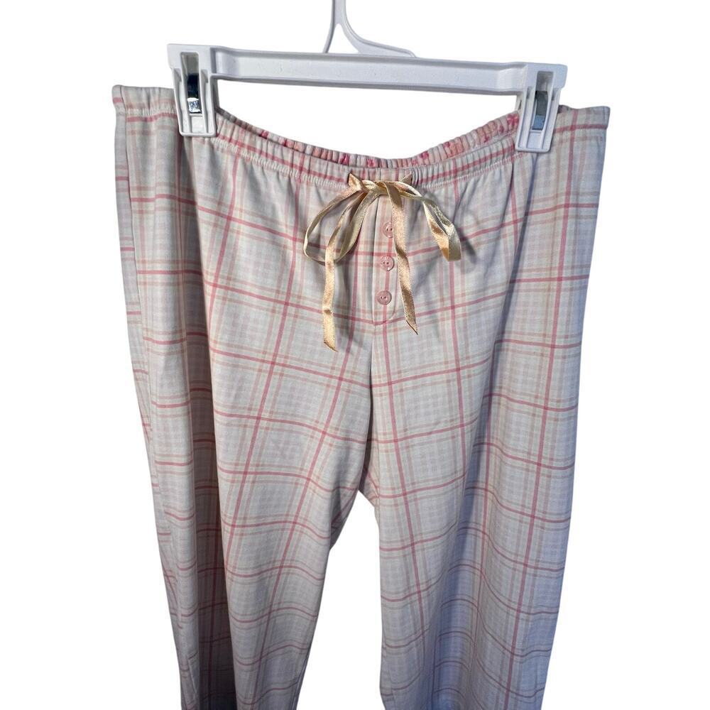 Karen Neuburger ladies L pink cream plaid striped satin button accent logo pant
